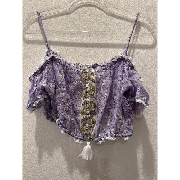 Poupette St Barth Women's Purple Floral Tassels Cold Shoulder Crop Tops Size XS - Picture 1 of 7
